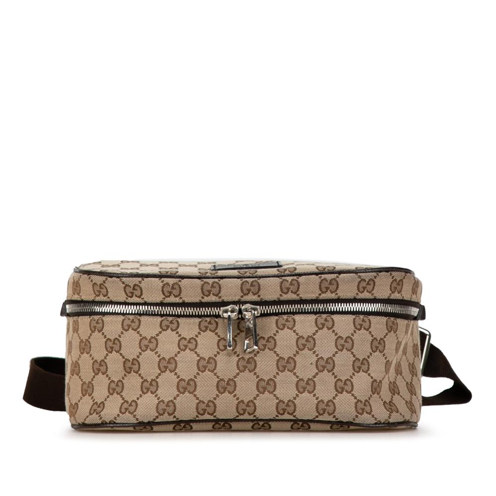 Gucci B Gucci Brown Beige Canvas Fabric GG Waist Pouch Italy