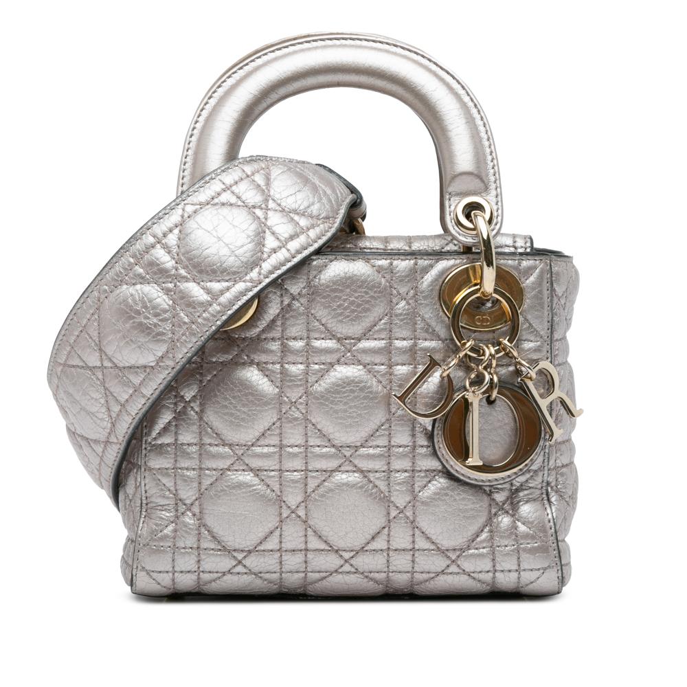 Christian Dior B Dior Silver Calf Leather Mini Metallic skin Cannage Supple Lady Dior Italy