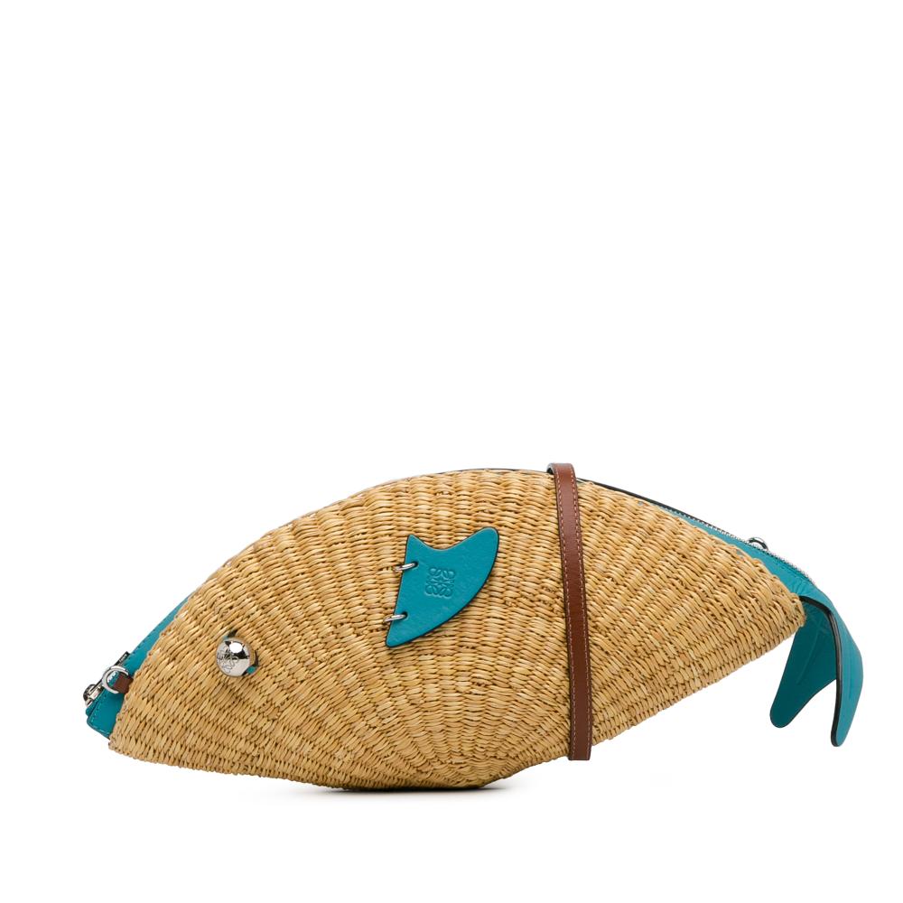 Loewe AB LOEWE Brown with Blue Straw Natural Material Paula's Ibiza Wicker Fish Bag Spain