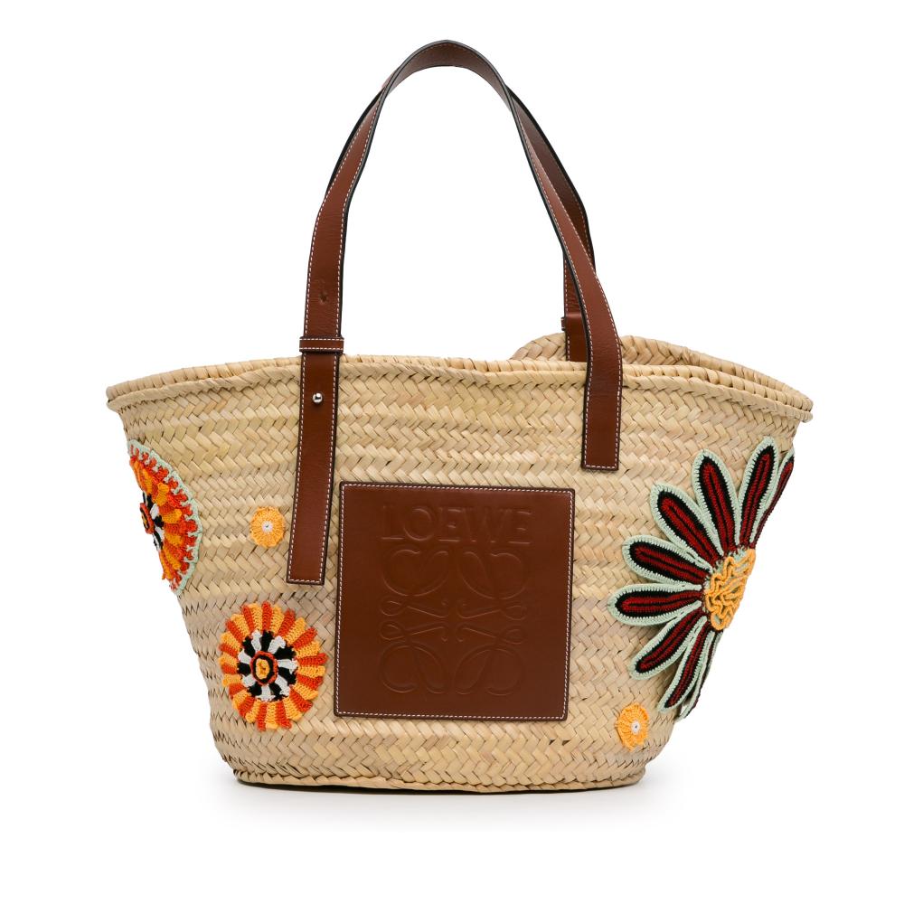 Loewe B LOEWE Brown Beige Raffia Natural Material Large Floral Embroidered Basket Tote Spain