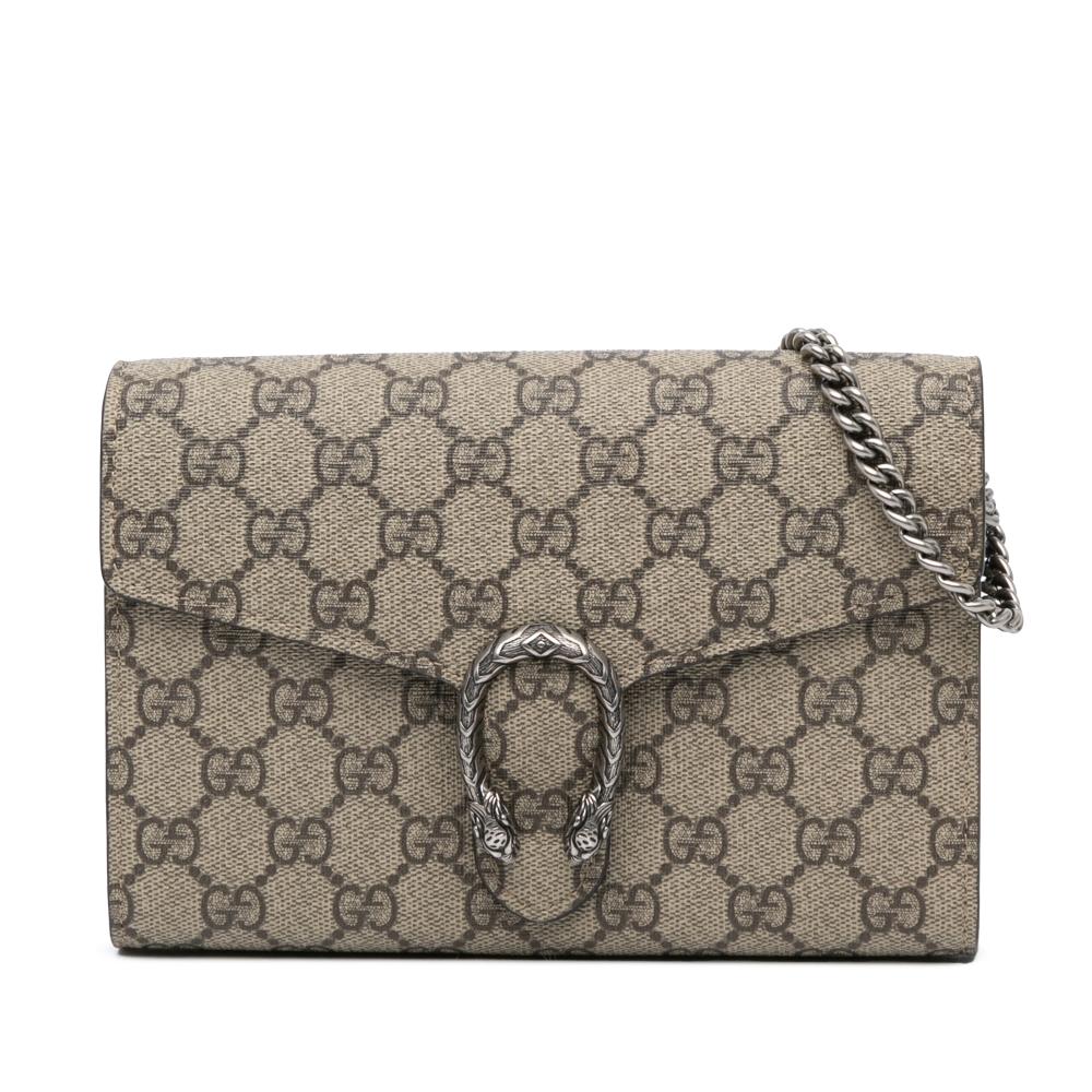 Gucci AB Gucci Brown Beige Coated Canvas Fabric GG Supreme Dionysus Chain Wallet Italy