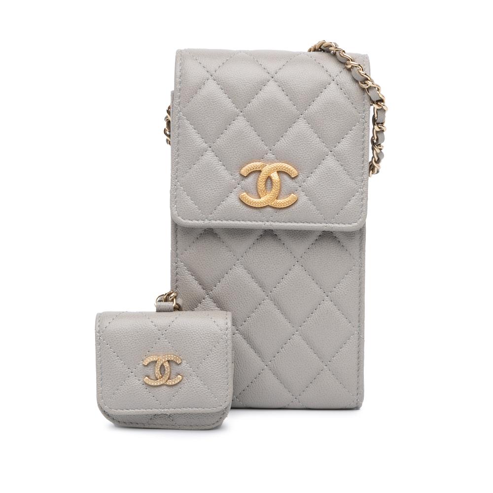 Chanel AB Chanel Gray Caviar Leather Leather Quilted Caviar Phone and Airpods Pro Case with Chain Italy