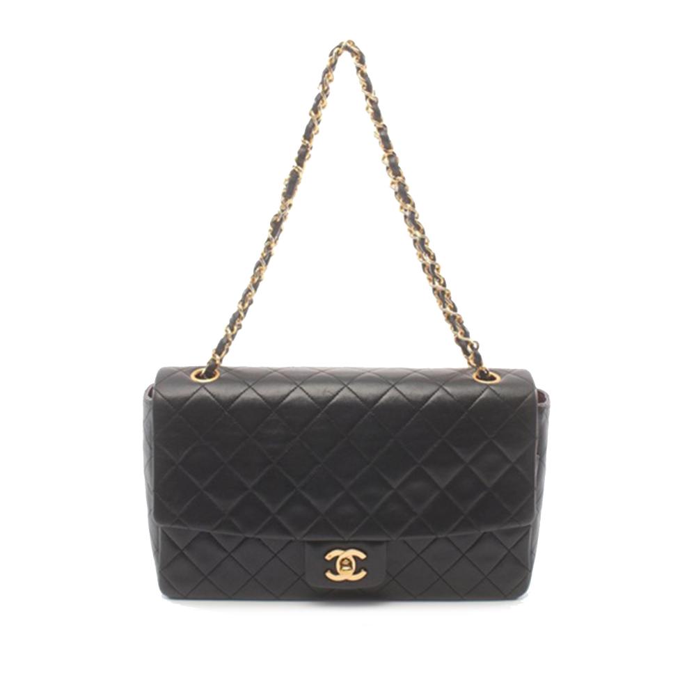 Chanel B Chanel Black Lambskin Leather Leather CC Quilted Lambskin Single Flap France