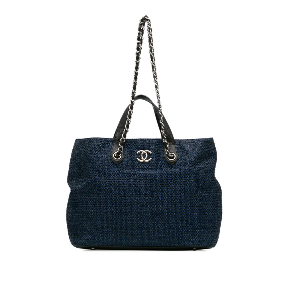 Chanel B Chanel Blue Navy with Black Straw Natural Material CC and Caviar Drawstring Shopping Tote Italy