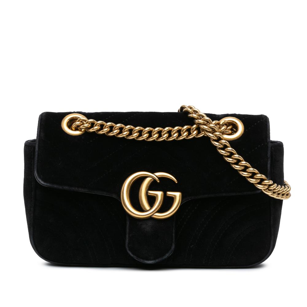 Gucci B Gucci Black Velvet Fabric Mini GG Marmont Matelasse Chain Crossbody Italy