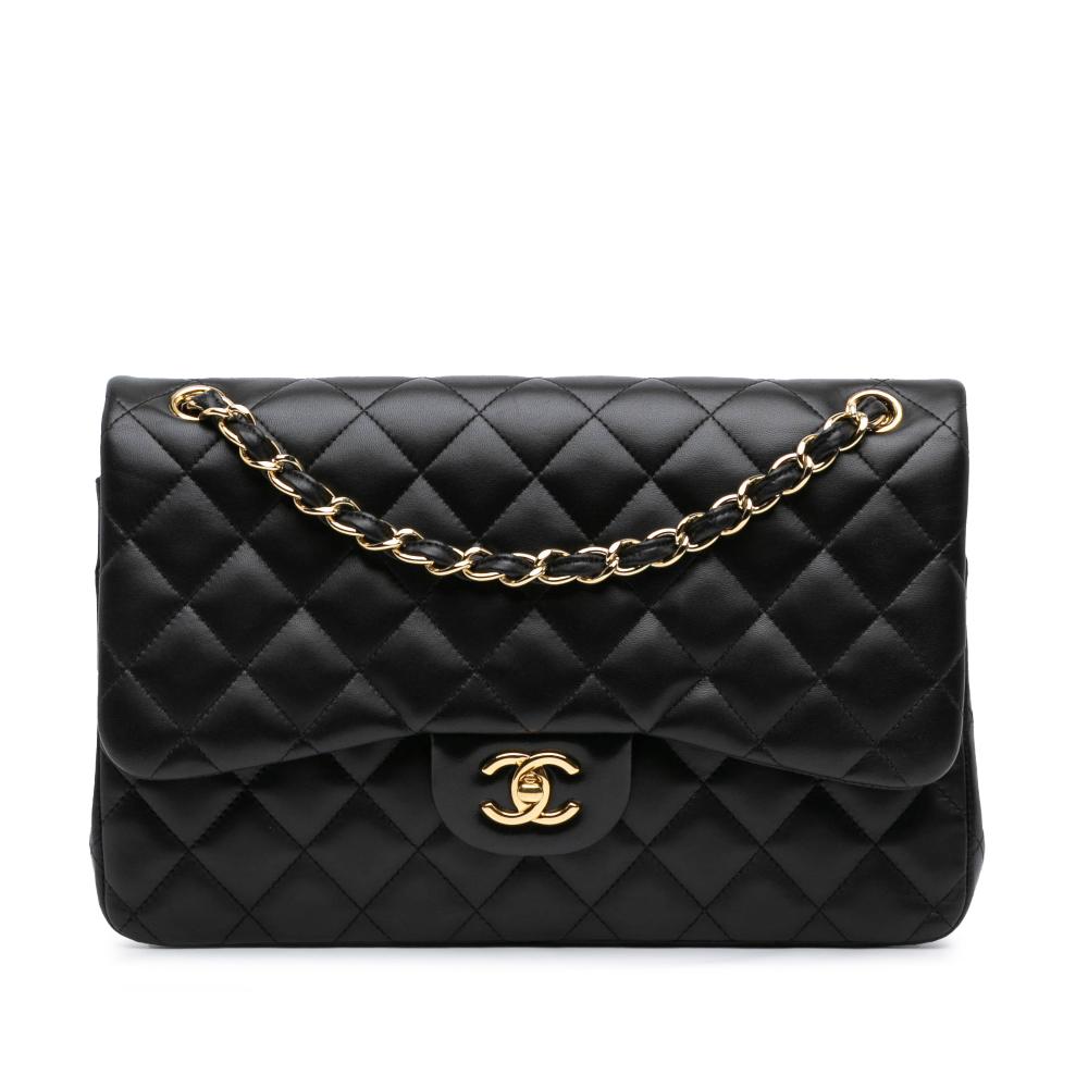 Chanel B Chanel Black Lambskin Leather Leather Jumbo Classic Lambskin Double Flap France