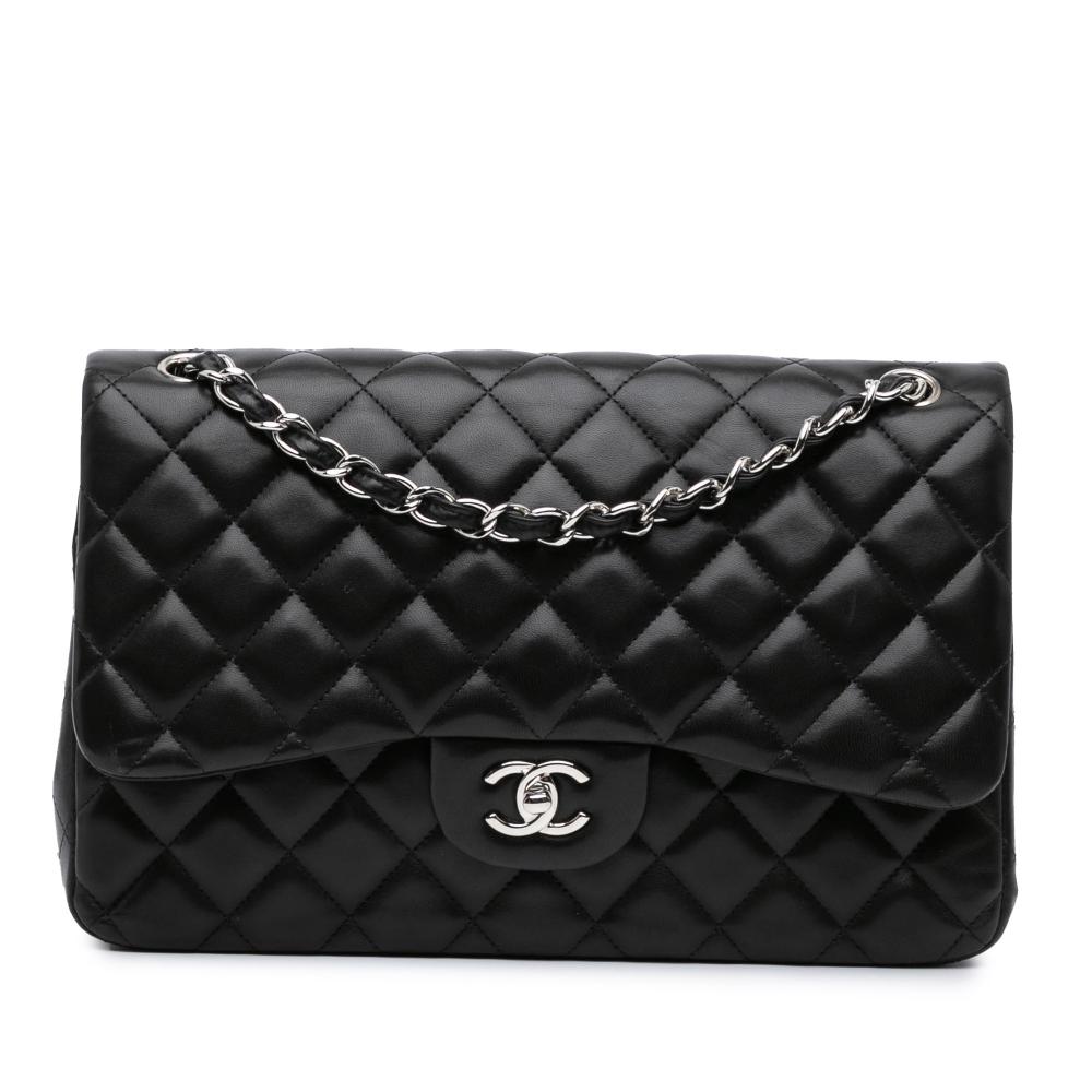 Chanel B Chanel Black Lambskin Leather Leather Jumbo Classic Lambskin Double Flap France