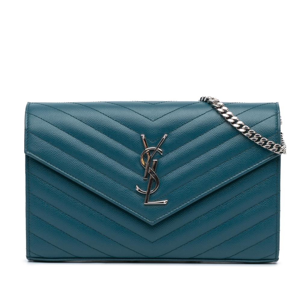 Saint Laurent AB Saint Laurent Blue Calf Leather Grain De Poudre Matelasse Chevron Monogram Chain Wallet Italy