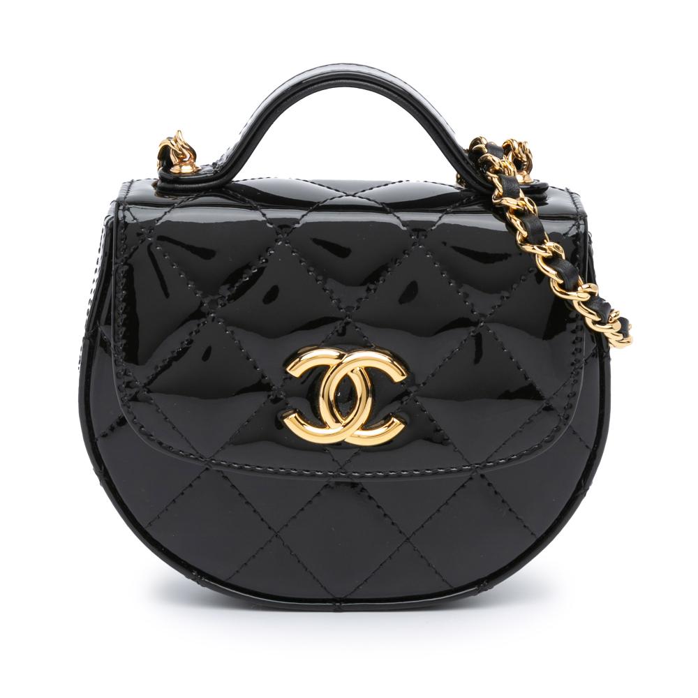 Chanel AB Chanel Black Patent Leather Leather Mini CC Quilted Top Handle Clutch with Chain Italy