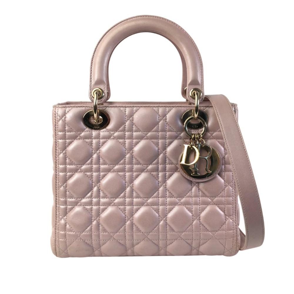 Christian Dior B Dior Pink Light Pink Lambskin Leather Leather Medium Pearlescent Lambskin Cannage Lady Dior Italy