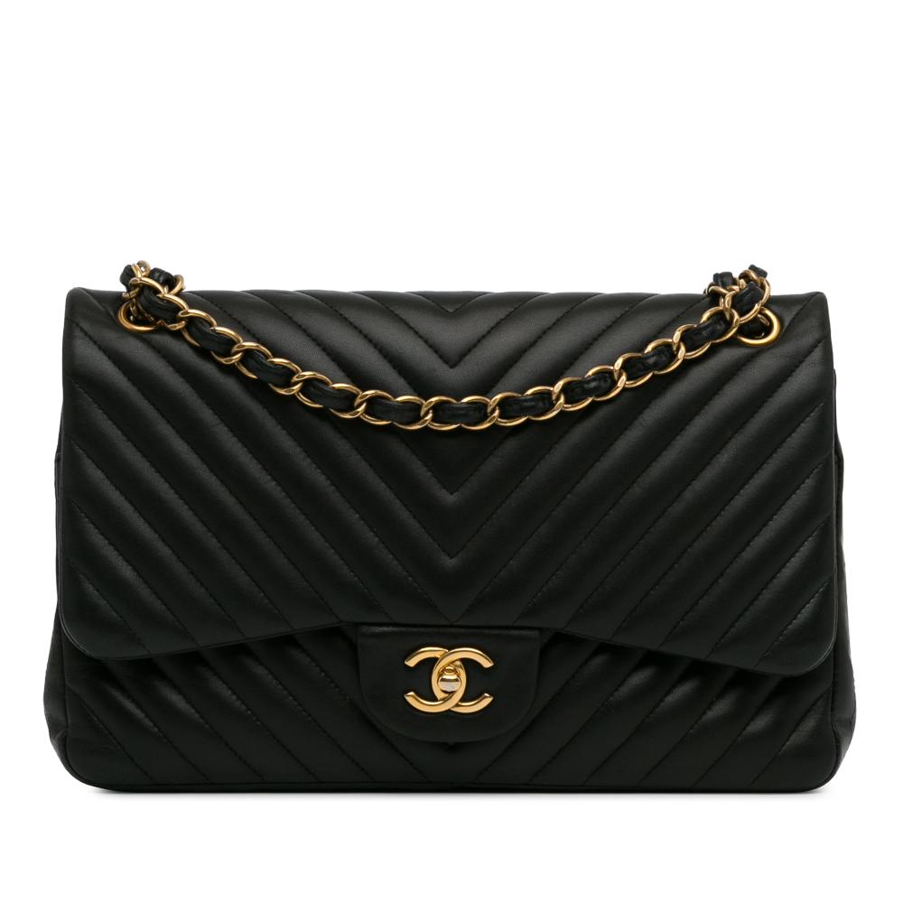 Chanel AB Chanel Black Lambskin Leather Leather Jumbo Classic Chevron Lambskin Double Flap France