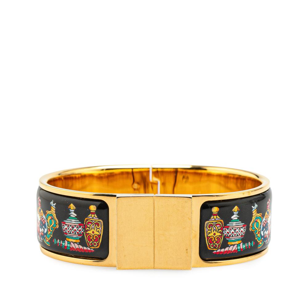 Hermès B Hermès Gold with Multi Enamel Other Wide Qu Importe le Flacon Loquet Hinge Bangle Italy