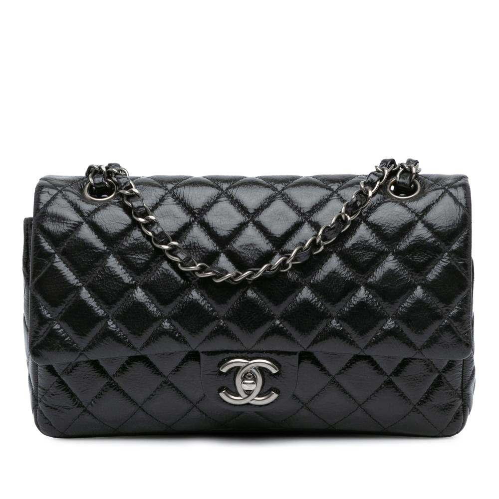 Chanel B Chanel Black Patent Leather Leather Medium Classic Distressed Patent Double Flap France