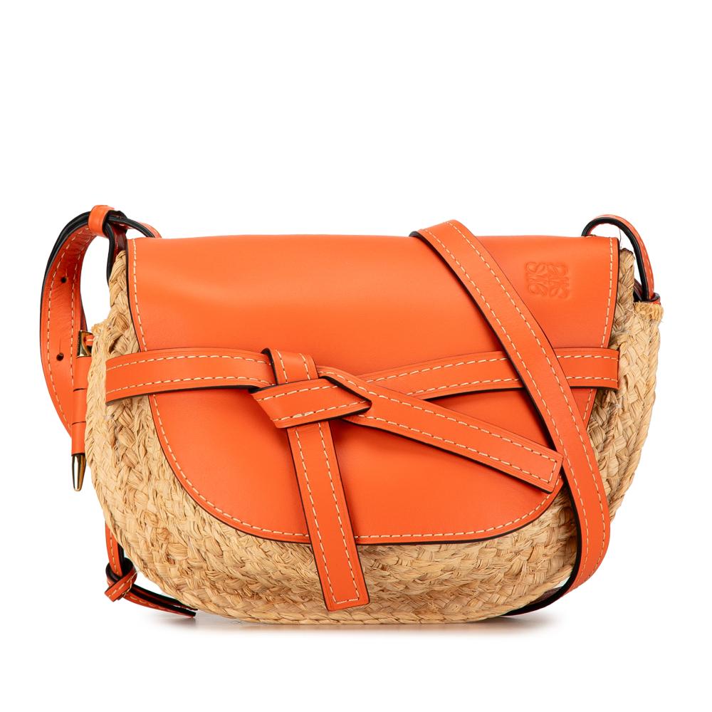 Loewe AB LOEWE Brown Beige with Orange Raffia Natural Material Small Gate Crossbody Spain