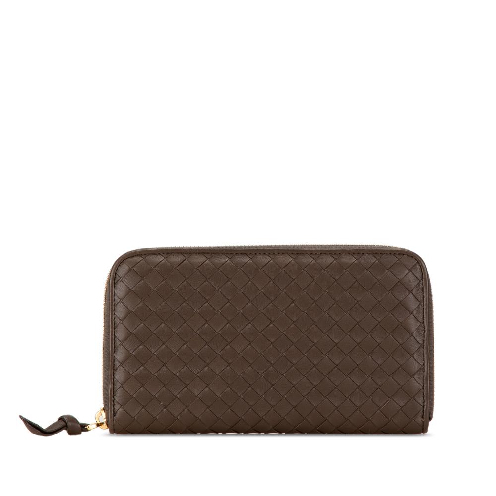 Bottega Veneta B Bottega Veneta Brown Dark Brown Calf Leather Intrecciato Zip Around Long Wallet Italy