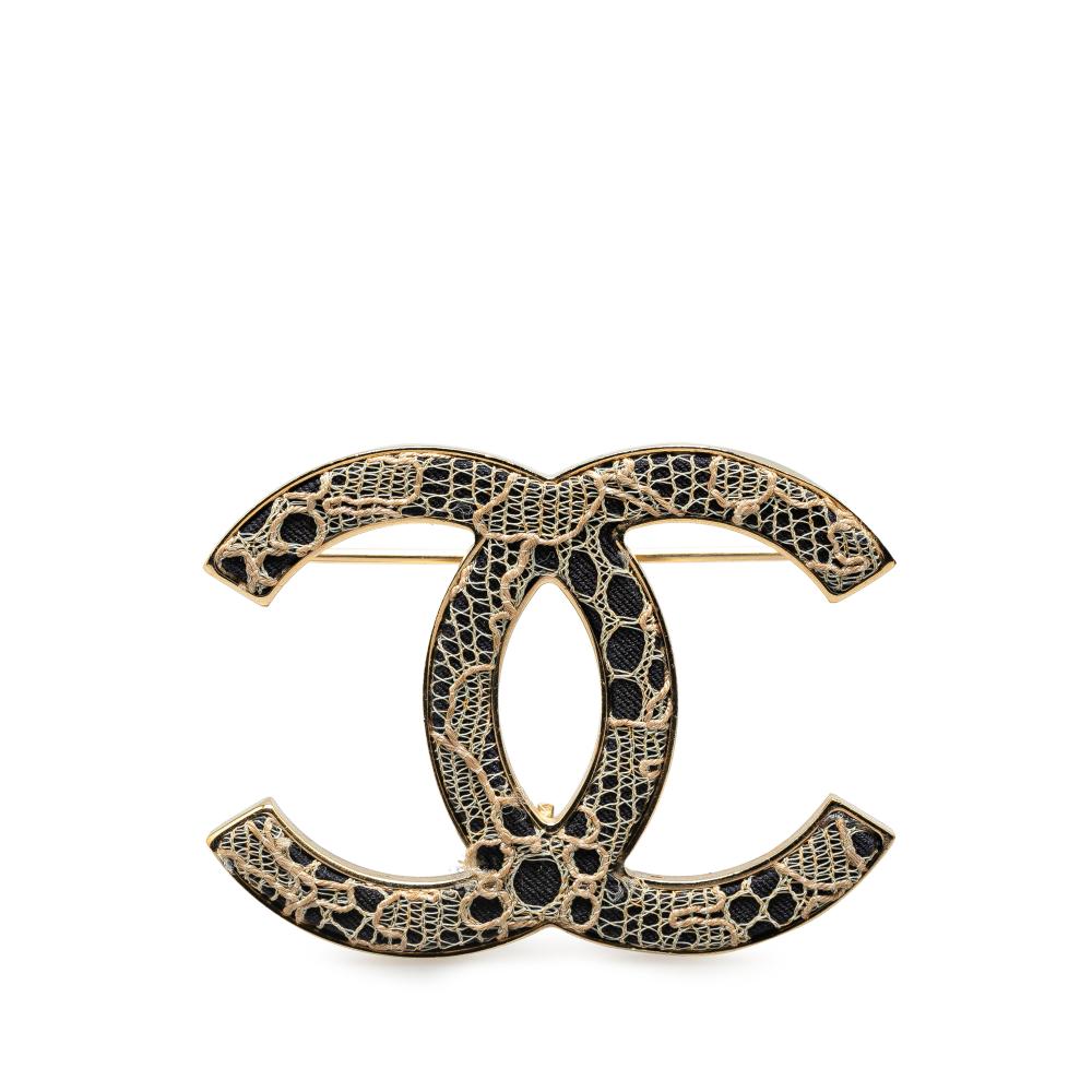 Chanel B Chanel Gold with Brown Beige Gold Plated Metal Tweed and Lace CC Logo Brooch Italy