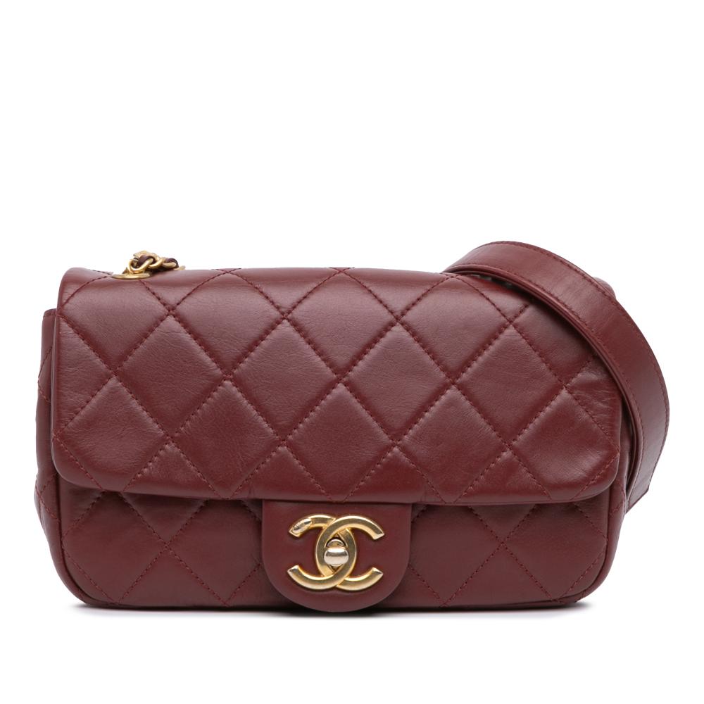 Chanel B Chanel Red Burgundy Calf Leather Mini Quilted skin Crystal Pearls Chain Flap Italy