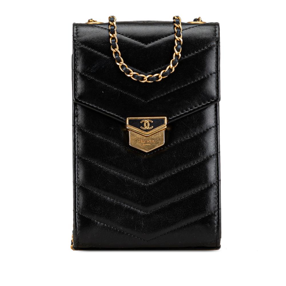 Chanel B Chanel Black Calf Leather skin CC Chevron Medal Envelope Vertical Clutch With Chain Italy