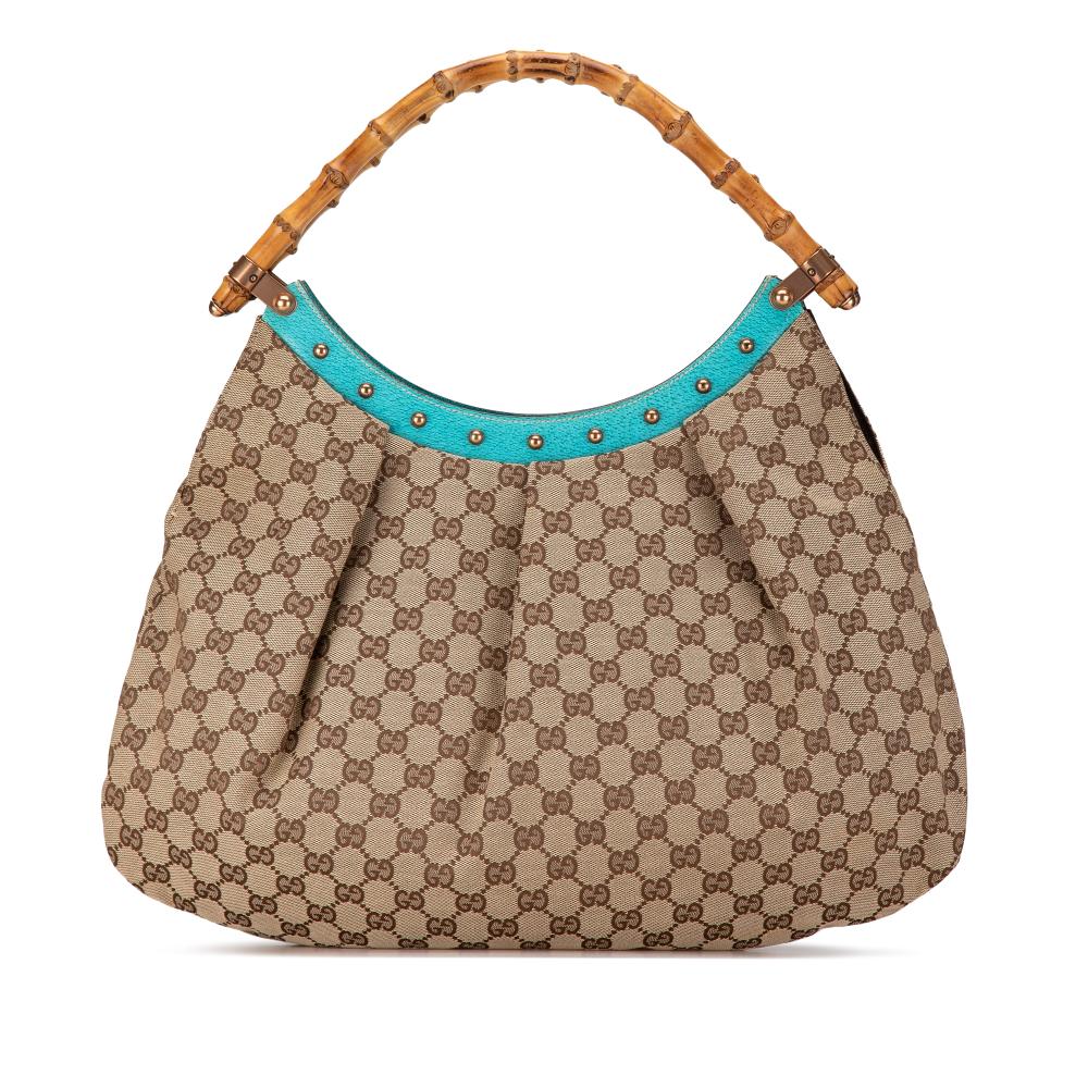 Gucci B Gucci Brown Beige with Blue Turquoise Canvas Fabric GG Bamboo Studded Hobo Italy