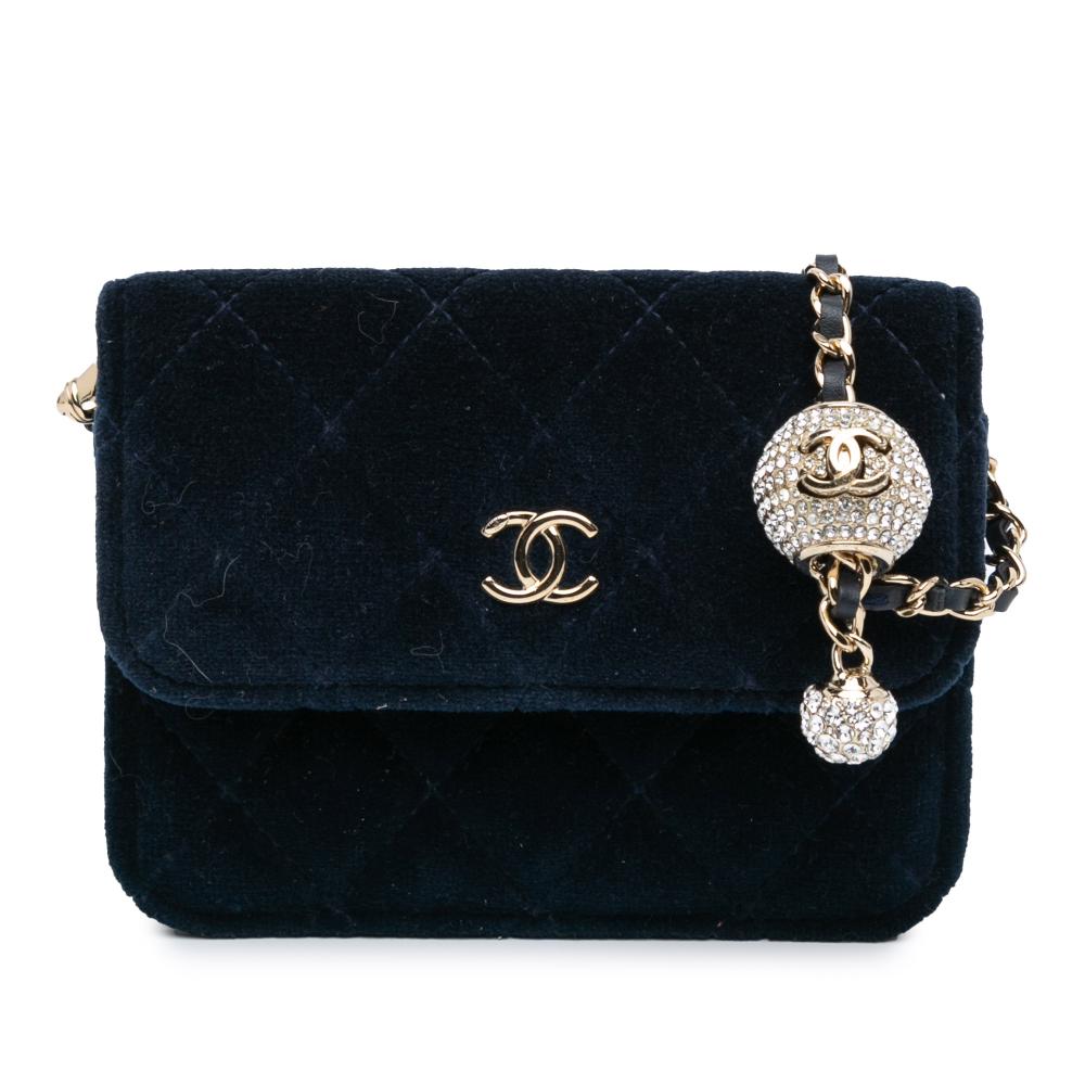 Chanel B Chanel Blue Navy Velvet Fabric Mini Pearl Crush Clutch With Chain Italy