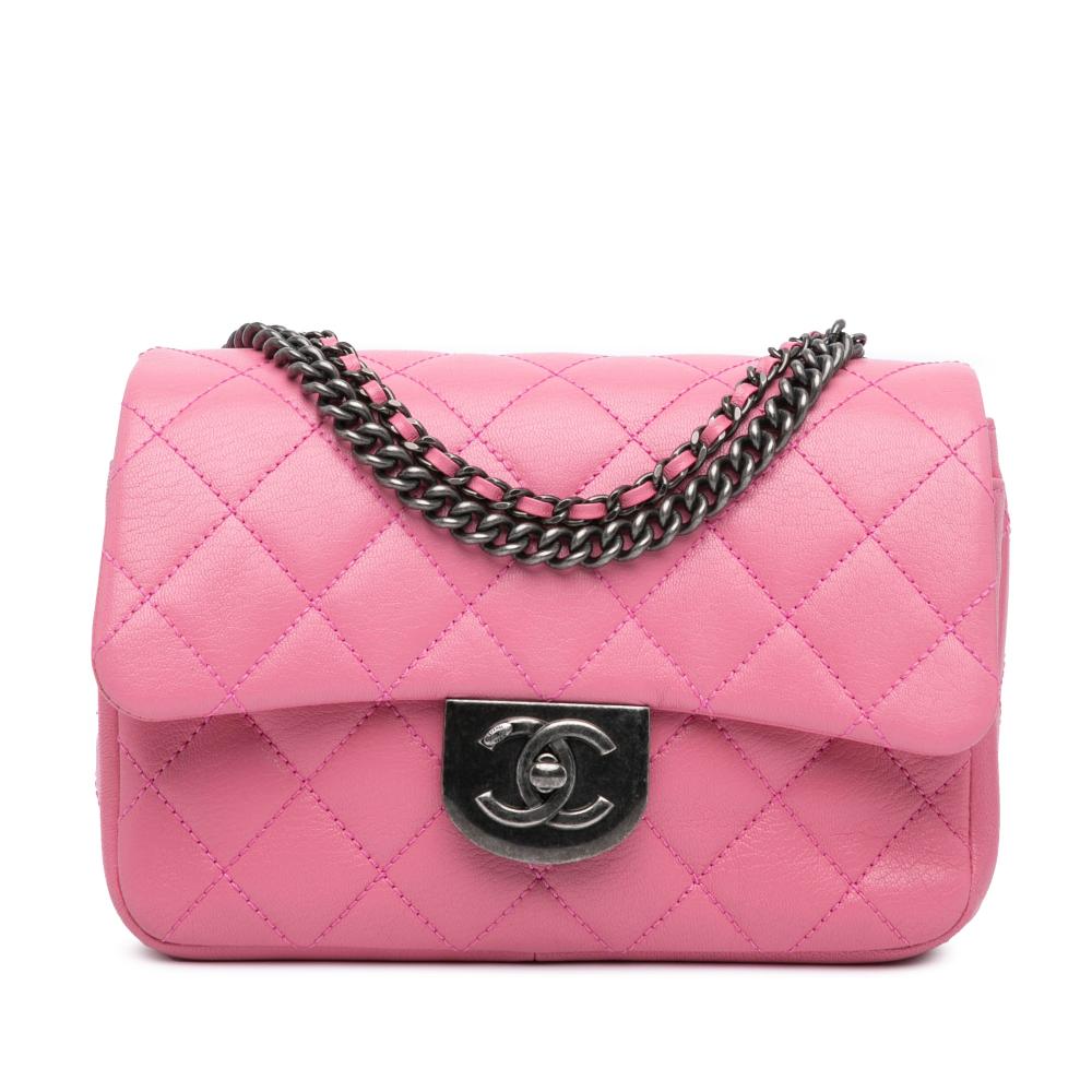 Chanel AB Chanel Pink Lambskin Leather Leather Small Goatskin Double Carry Waist Chain Flap Italy