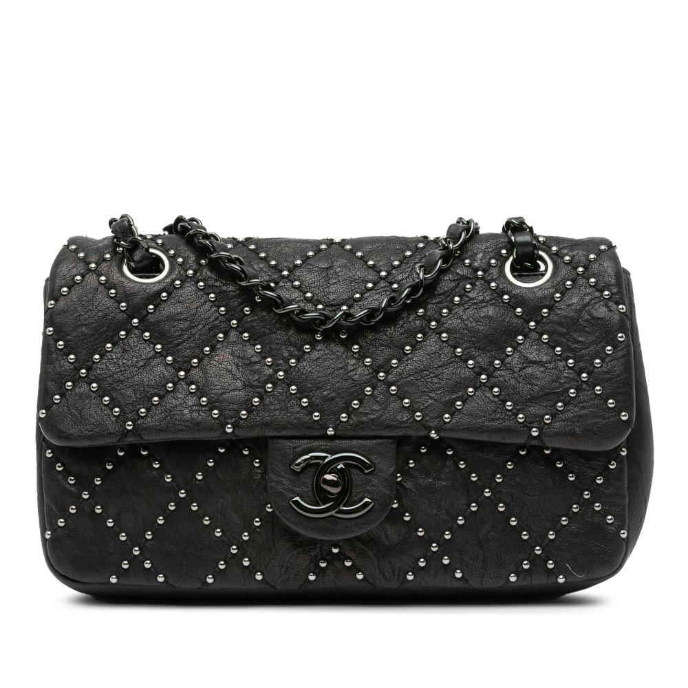 Chanel B Chanel Black Lambskin Leather Leather Washed Lambskin Studded Metal Beauty Flap Italy