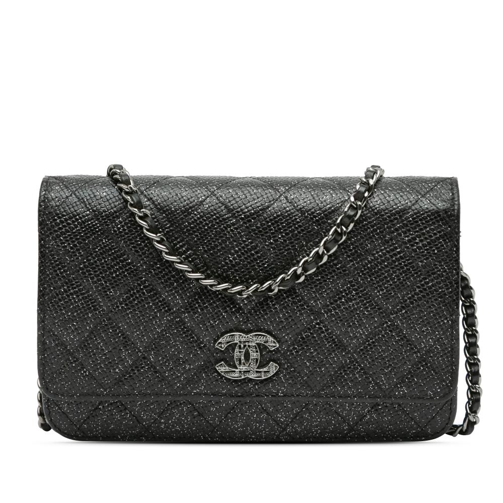 Chanel B Chanel Black Calf Leather Quilted Glitter skin Wallet on Chain Italy