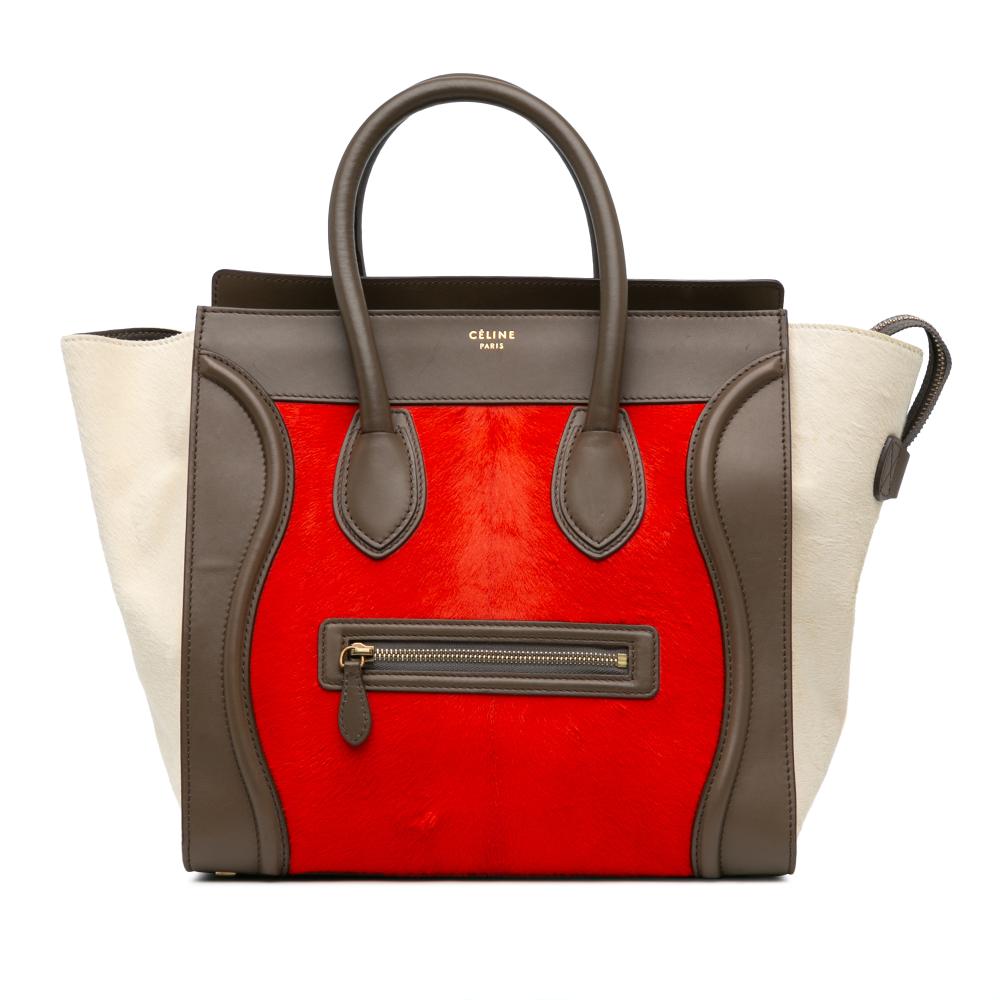 Celine B Celine Red with Multi Pony Hair Natural Material Mini Tricolor Luggage Tote Italy