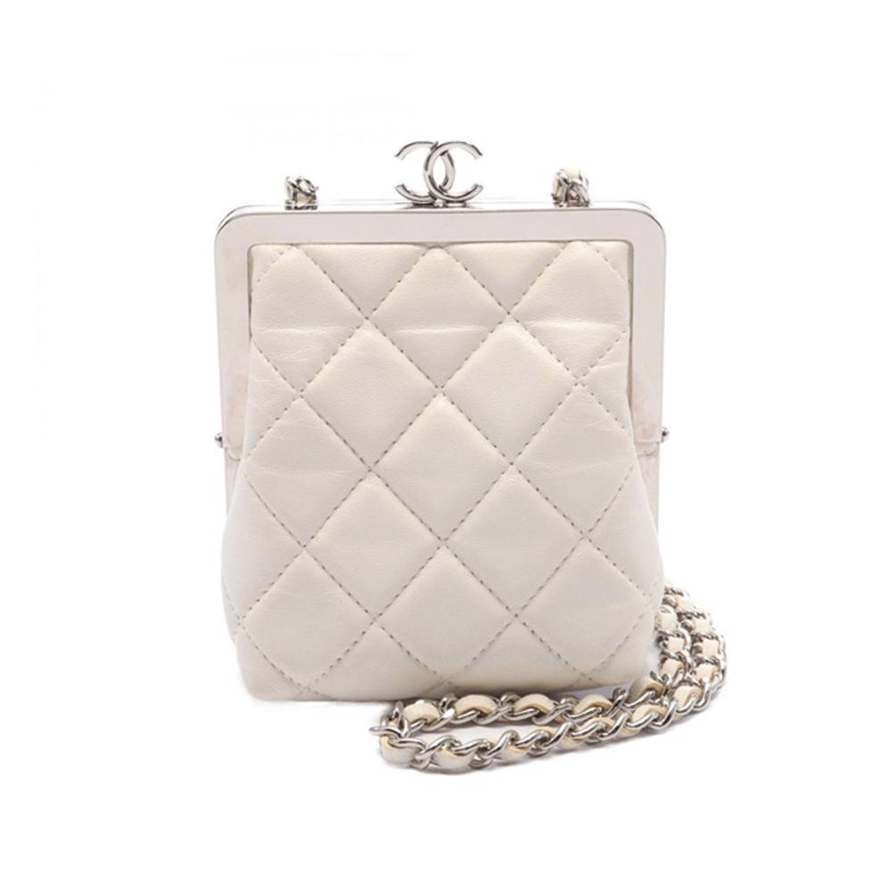 Chanel AB Chanel White Lambskin Leather Leather Lambskin and Plexiglass Kiss Clutch with Chain Italy