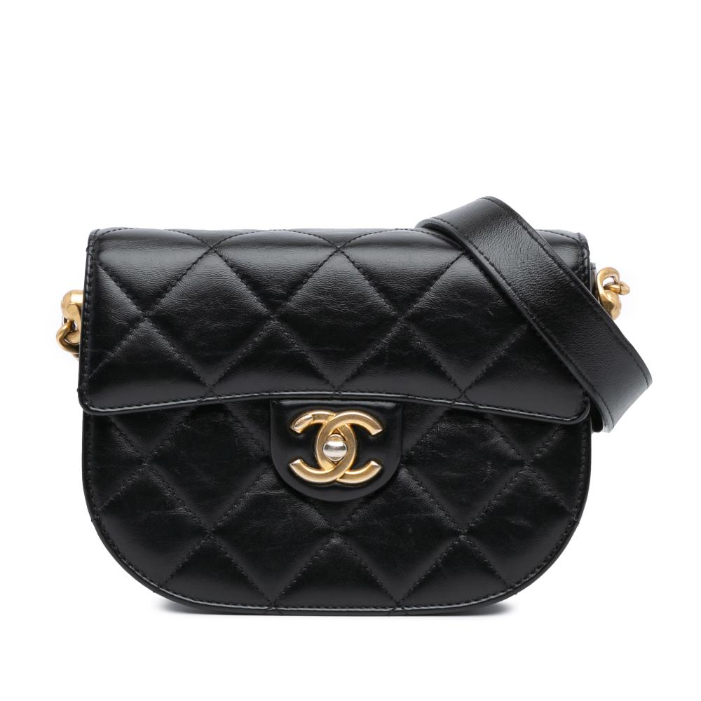 Chanel B Chanel Black Calf Leather CC Quilted skin Round Moon Messenger Flap Italy