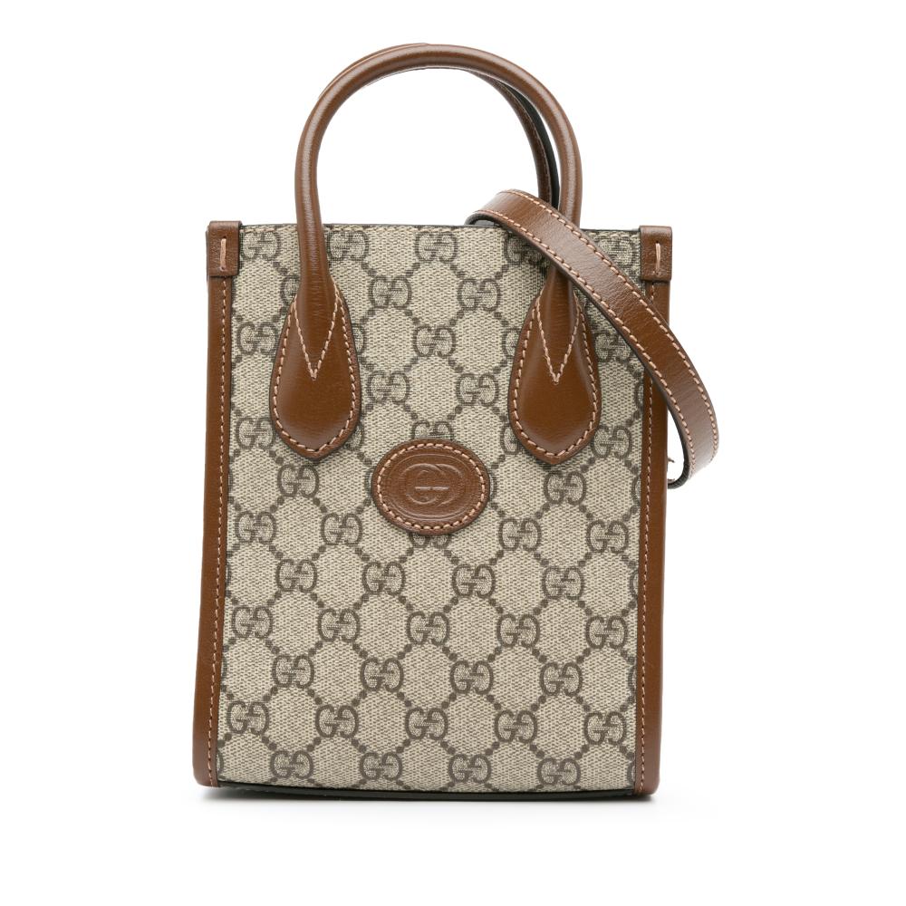 Gucci B Gucci Brown Beige Coated Canvas Fabric Mini GG Supreme Interlocking G Satchel Italy