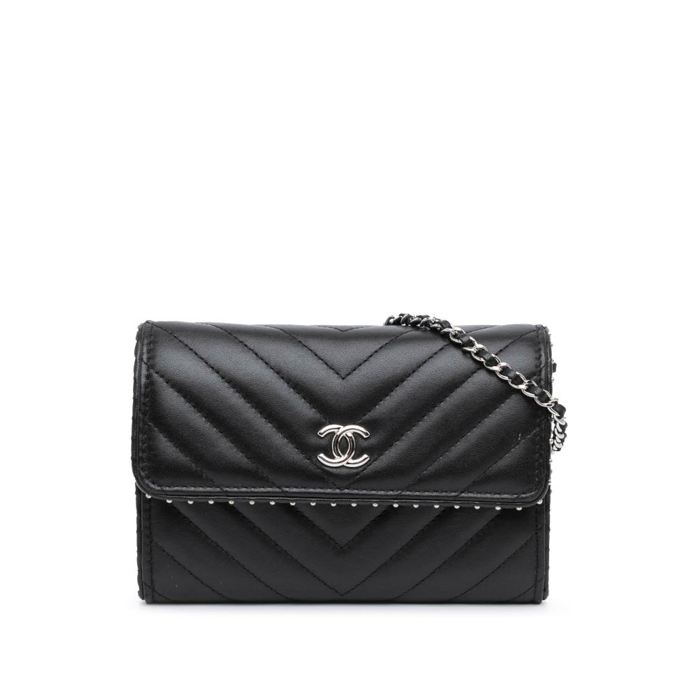 Chanel AB Chanel Black Lambskin Leather Leather CC Chevron Lambskin Studded Wallet On Chain Italy