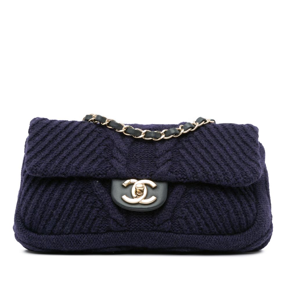 Chanel B Chanel Blue Navy Knit Fabric Small Paris Hamburg Cable Flap France