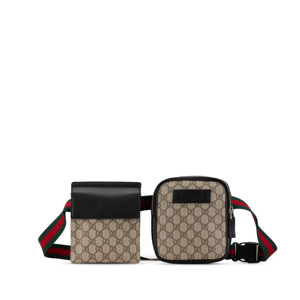 Gucci B Gucci Brown Beige Coated Canvas Fabric GG Supreme Web Belt Bag Italy