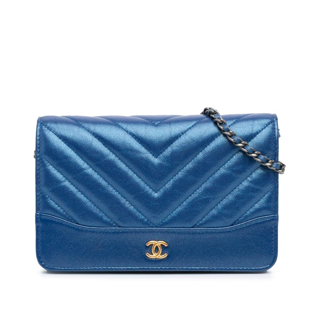 Chanel AB Chanel Blue Calf Leather Chevron Aged Metallic skin Gabrielle Wallet On Chain Italy