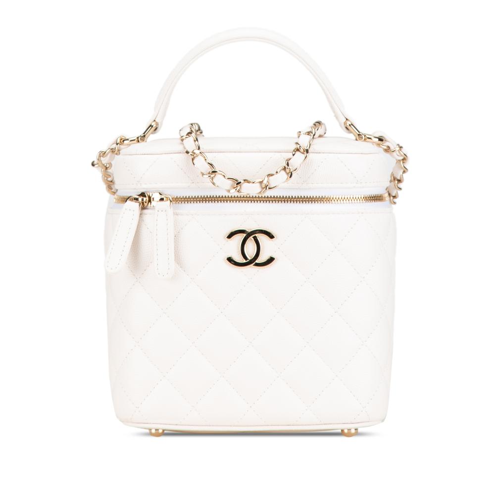 Chanel AB Chanel White Caviar Leather Leather CC Quilted Caviar Top Handle Vanity Case with Chain Italy