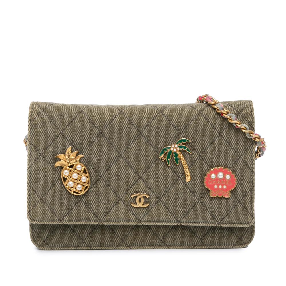 Chanel B Chanel Green Olive Green Canvas Fabric Quilted Coco Cuba Charms Wallet On Chain France