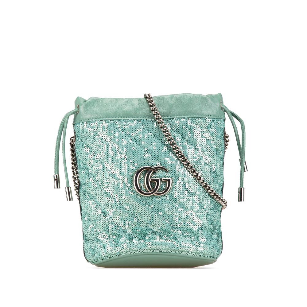 Gucci AB Gucci Green Calf Leather Mini GG Marmont Diagonal Matelasse Sequined 2.0 Bucket Bag Italy