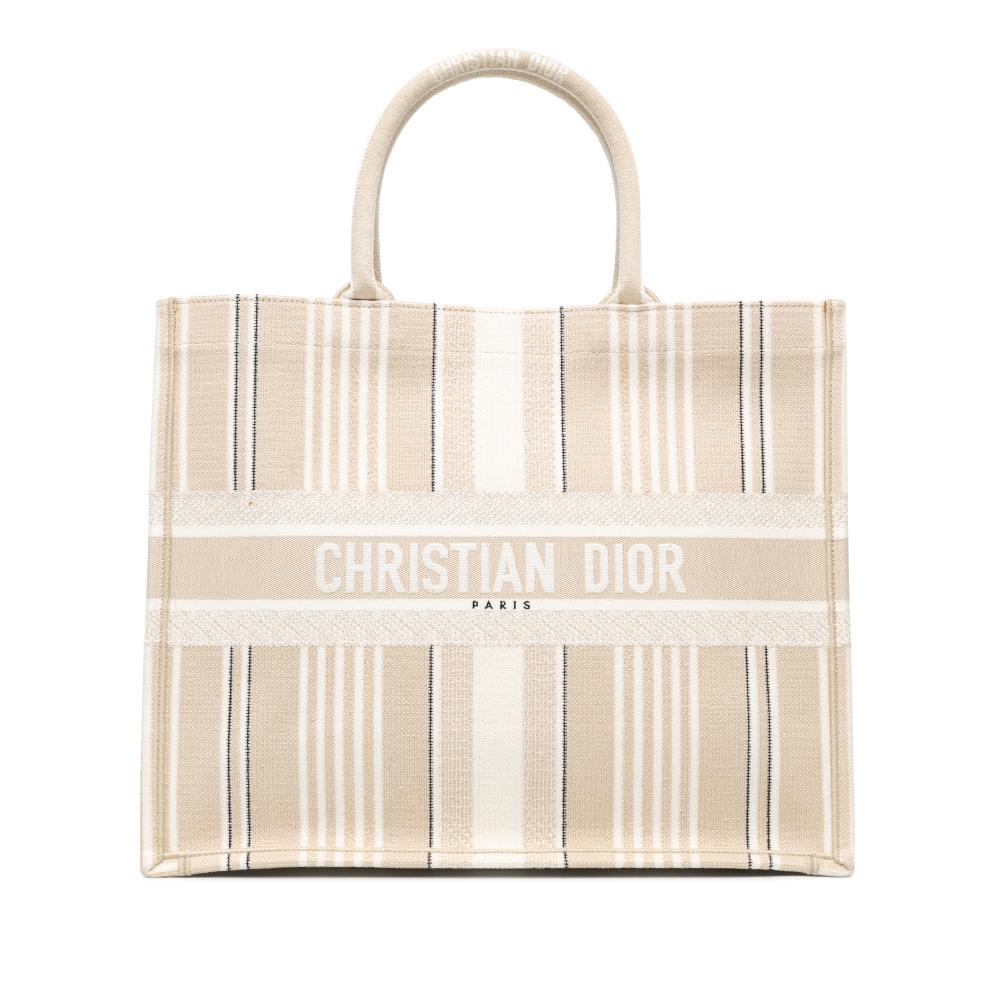 Christian Dior B Dior Brown Light Beige Canvas Fabric Large Stripes Book Tote Italy