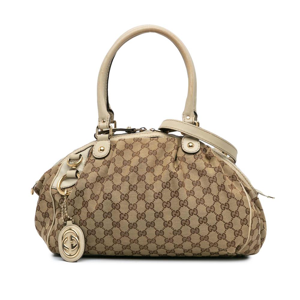 Gucci AB Gucci Brown Beige with White Canvas Fabric GG Sukey Satchel Italy