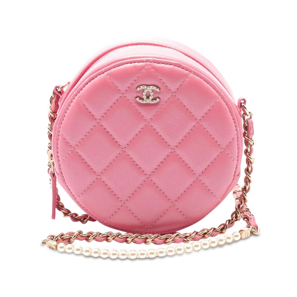 Chanel AB Chanel Pink Lambskin Leather Leather Quilted Lambskin Round Pearl Clutch with Chain Italy