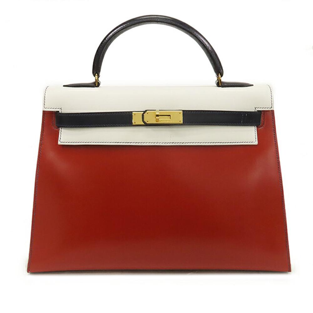 Hermès B Hermès Red with White Calf Leather Tricolor Box Kelly Sellier 32 France