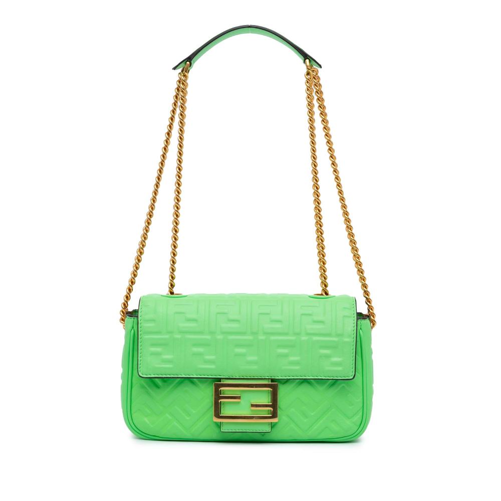 Fendi B Fendi Green Calf Leather Zucca Embossed Chain Midi Baguette Italy