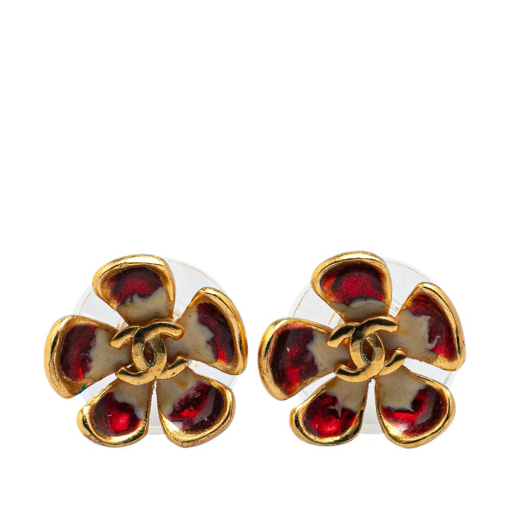 Chanel B Chanel Red with Gold Enamel Other Gold Plated CC Flower Push Back Earrings France