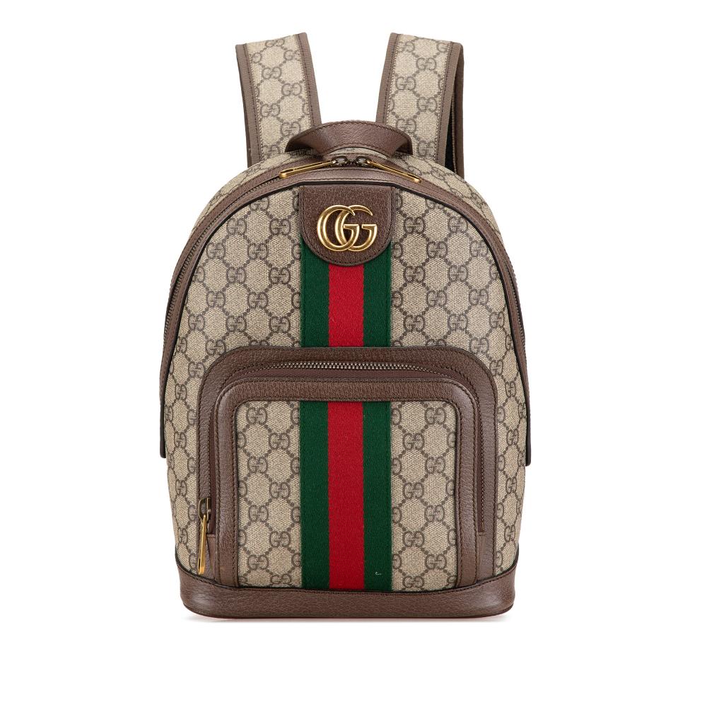 Gucci AB Gucci Brown Beige Coated Canvas Fabric Small GG Supreme Ophidia Backpack Italy