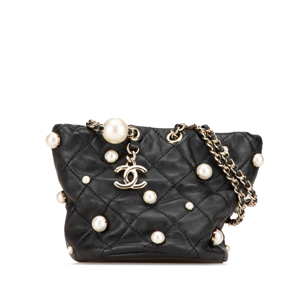 Chanel AB Chanel Black Calf Leather Mini askin About Pearls Drawstring Bucket Bag Italy