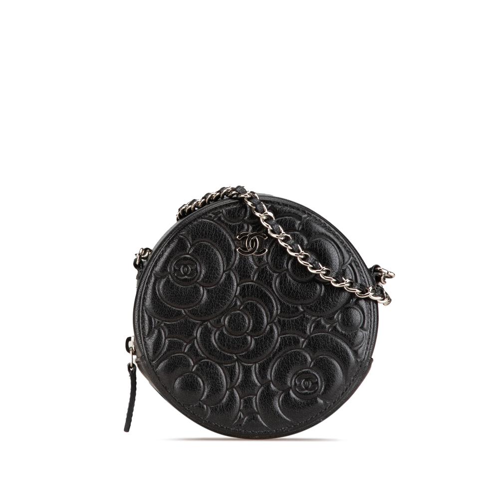 Chanel AB Chanel Black Goatskin Leather Camellia Round Clutch with Chain Italy