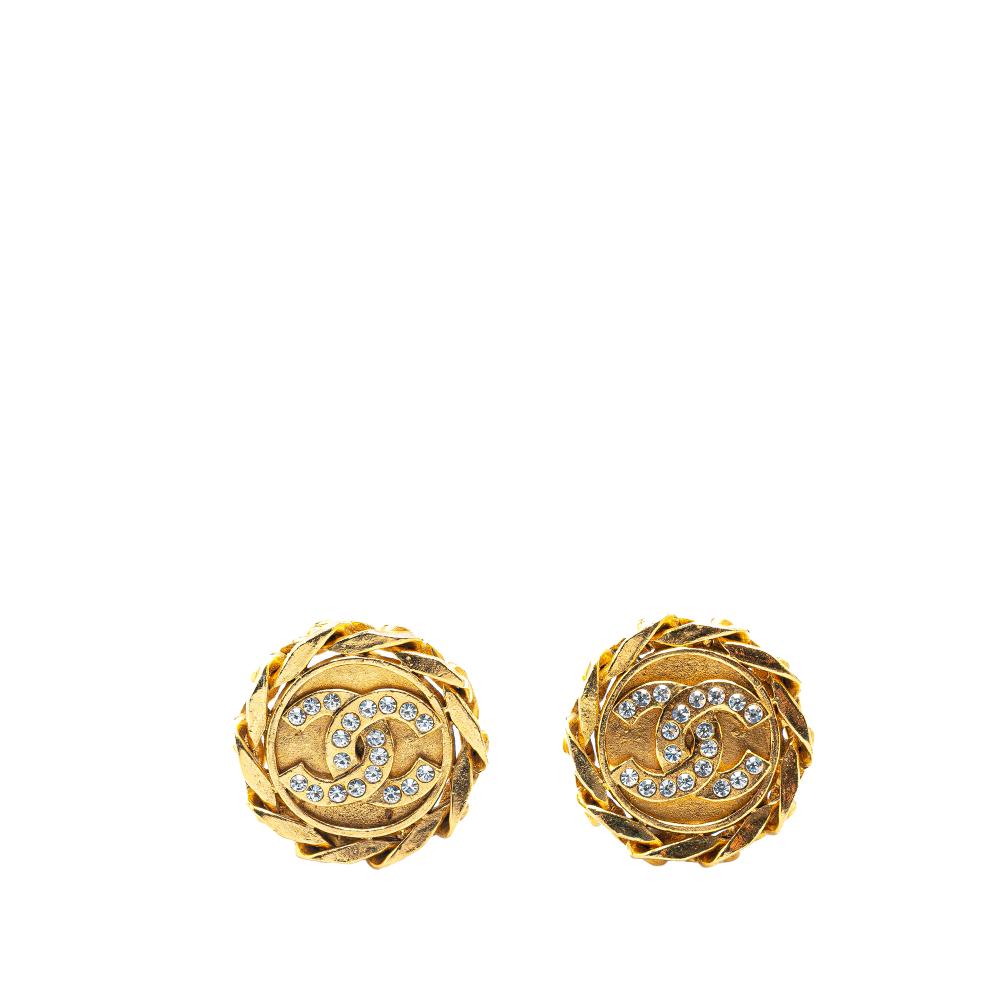 Chanel B Chanel Gold Gold Plated Metal Rhinestone CC Clip On Earrings France