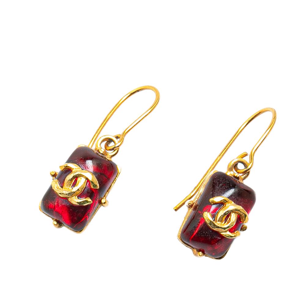 Chanel B Chanel Red Gold Plated Metal Gripoix CC Hook Earrings France