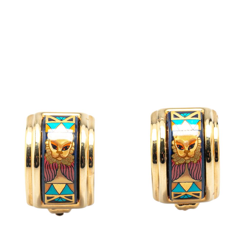 Hermès AB Hermès Gold with Multi Enamel Other Lion Head Cloisonne Clip On Earrings France